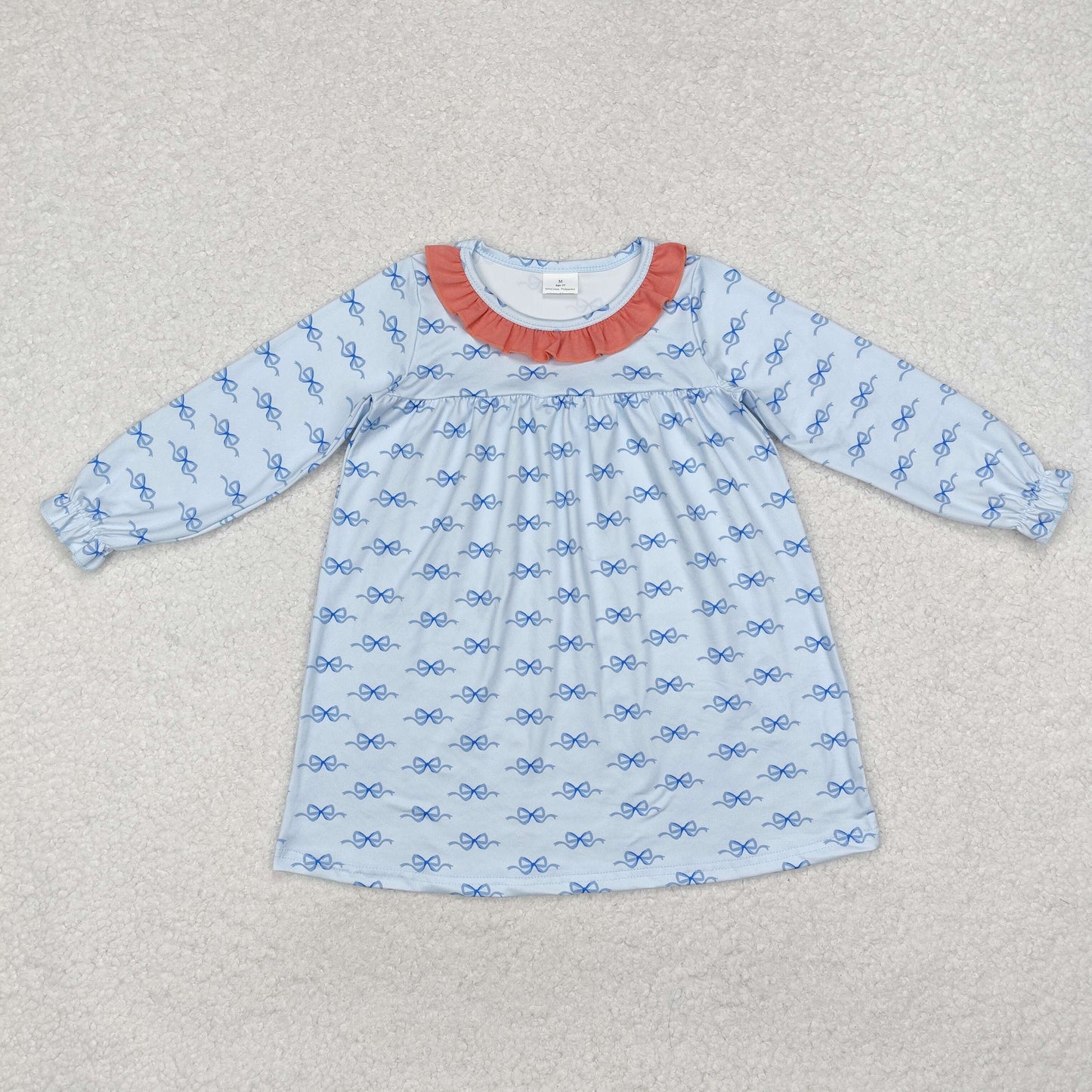 Baby Girl Long Sleeves Bows Knee Length Blue Dress