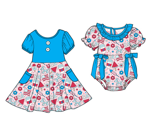 ( Moq 5 Each Style ) Baby Girls Kids Short Sleeves Romper Dress Sibling 4th of July Clothes
