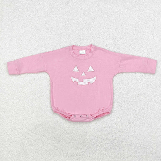 Baby Girl Embroidery Halloween Smile Face Long Sleeves Pink Romper