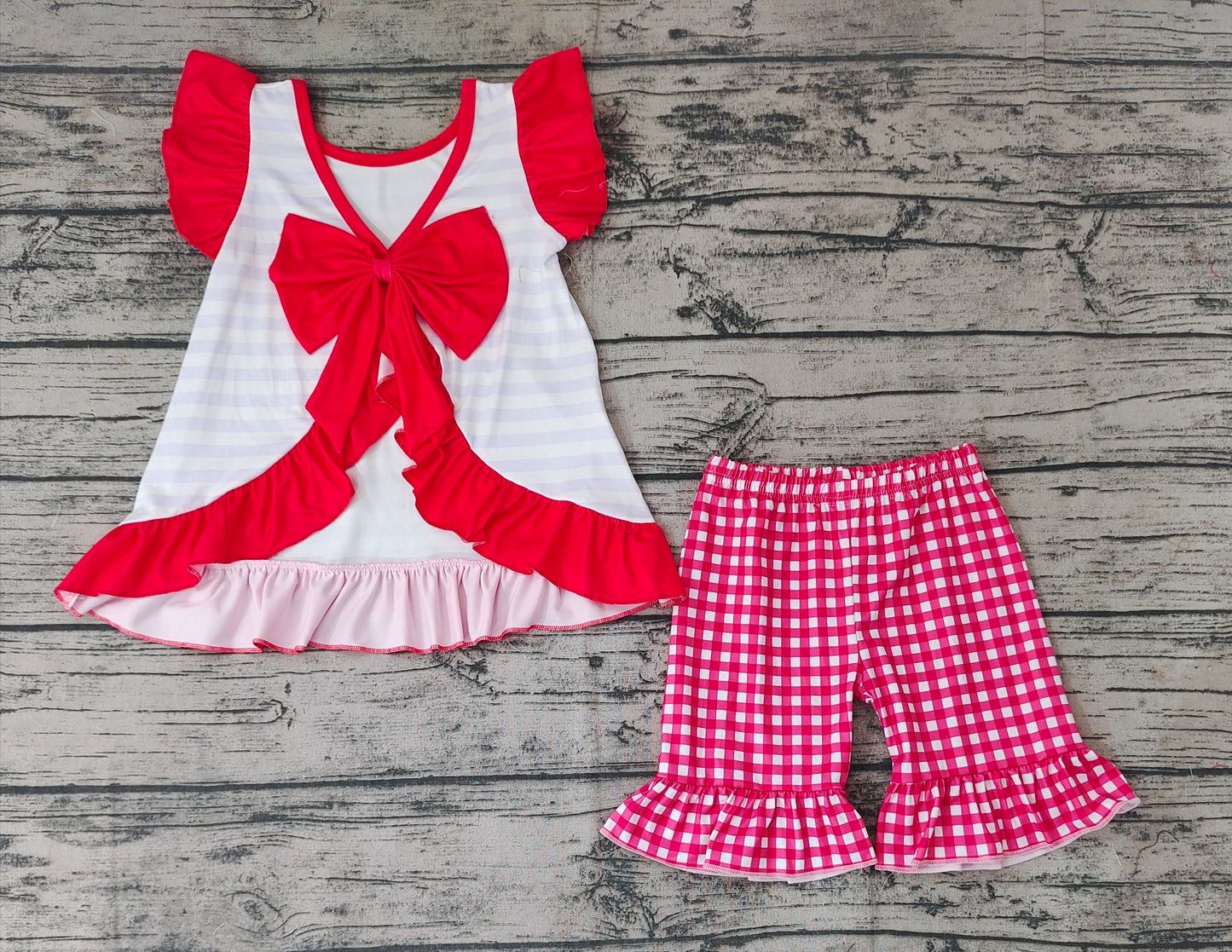 No Moq Pre-order GSSO0455 Baby Girl Short Sleeves Crawfish Bow Tops Shorts Set