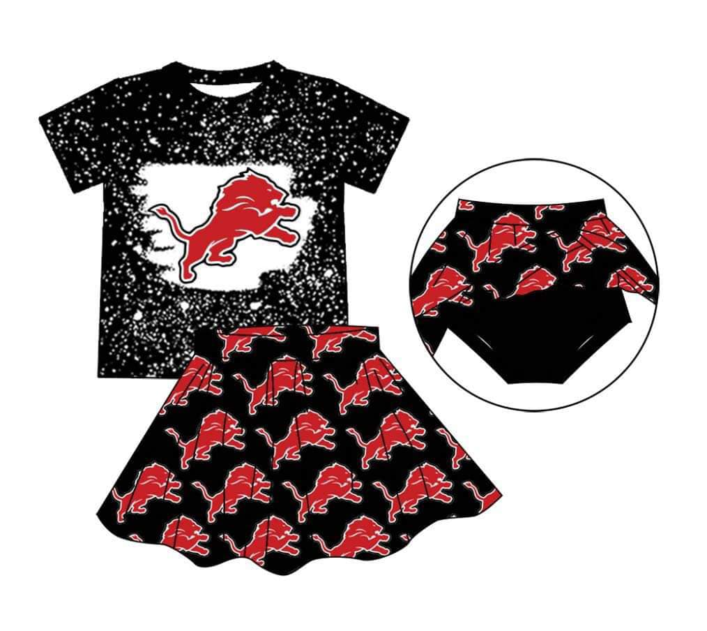 Baby Girl Black Short Sleeves Lion Shirt Skirt With Shorts Team Clothes Set Moq 5