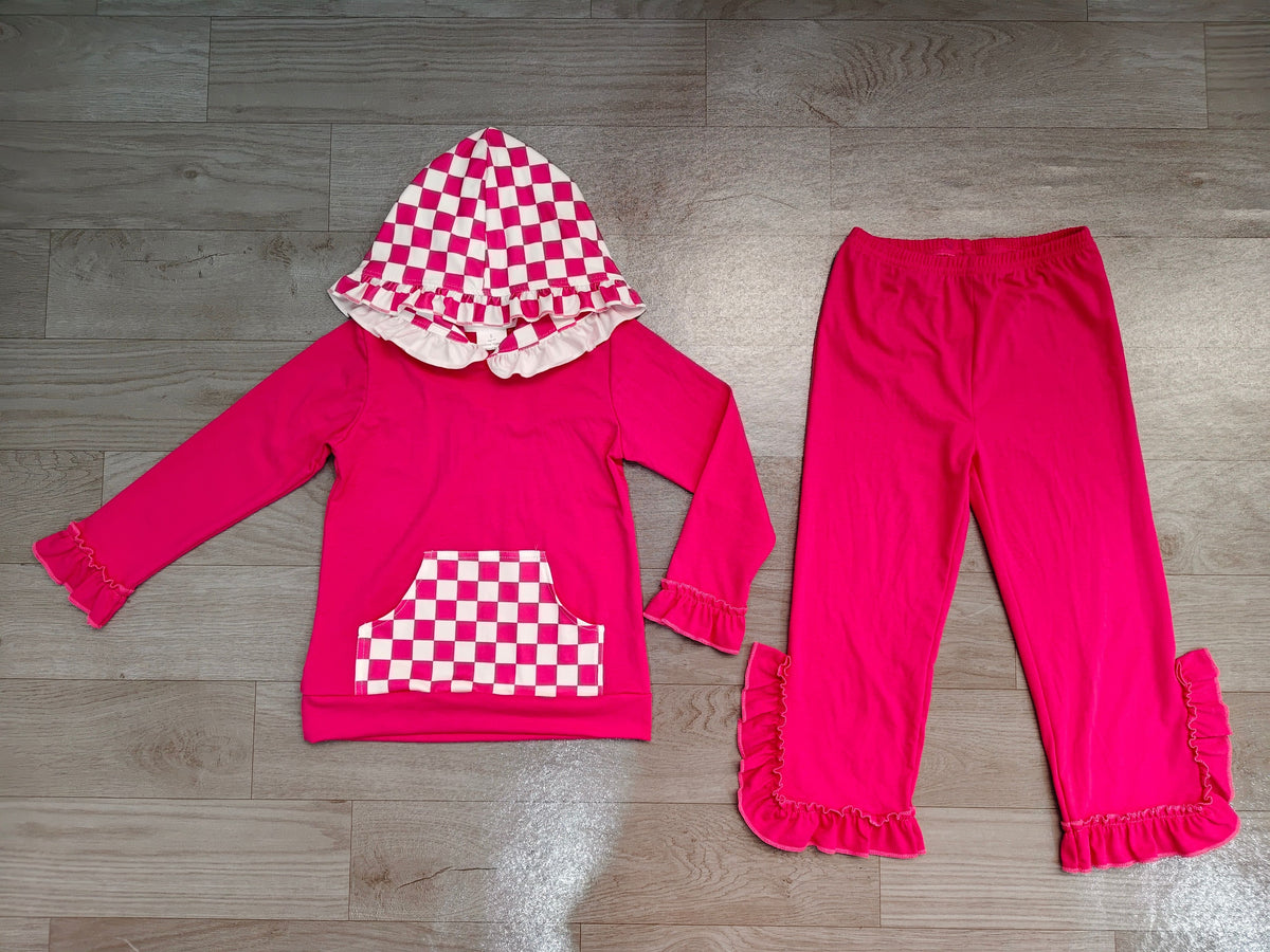 ( No moq ) Preorder Baby Girls Kids Checked Pocket Hoodie Shirt Pants Hot Pink Set Cotton Clothes