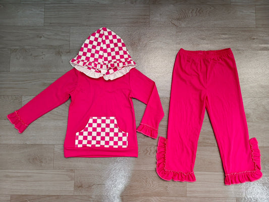 ( No moq ) Preorder Baby Girls Kids Checked Pocket Hoodie Shirt Pants Hot Pink Set Cotton Clothes