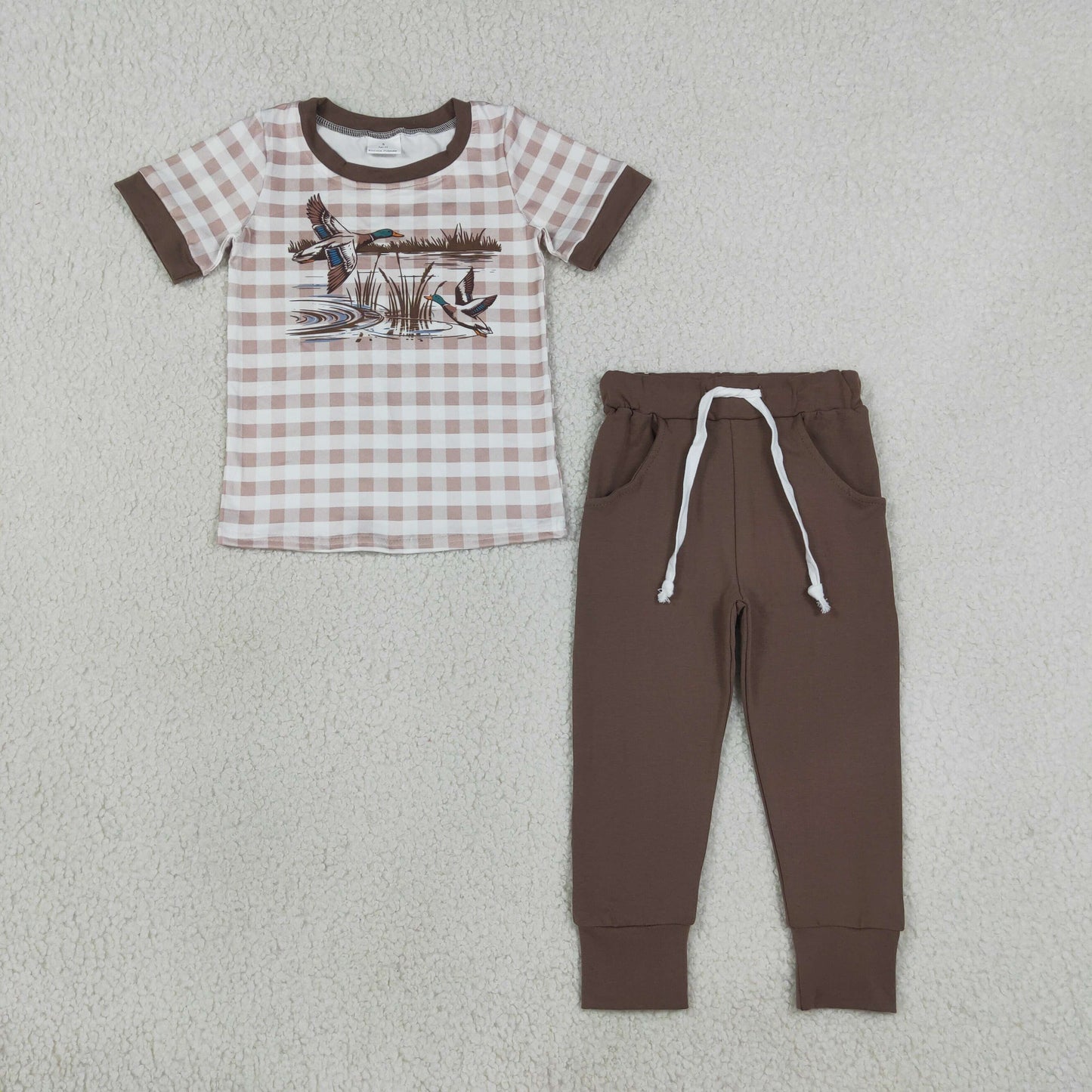 Sibling Baby Boys Short Sleeves Ducks Plaid Shirts Pockets Pants Sets Clothes RTS