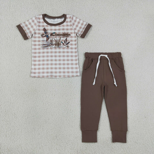 Baby Boys Short Sleeves Ducks Plaid Shirt Pockets Pants Set Clothes RTS