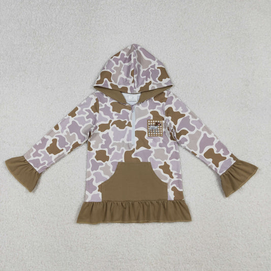 Baby Girl Long Sleeves Embroidery Dog Duck Hoodie Zipper Khaki Camo Shirt RTS