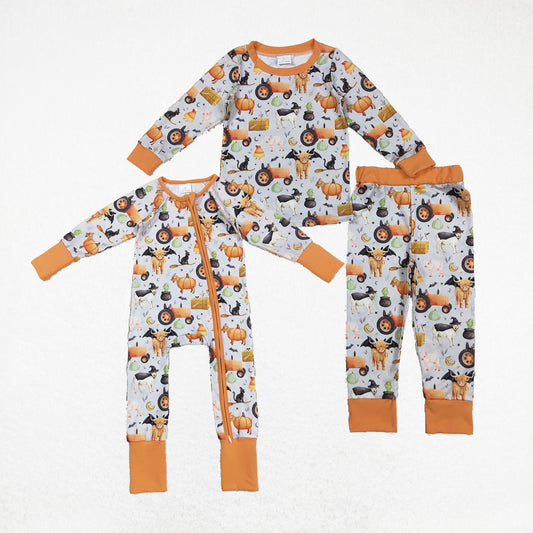 Baby Boy Long Sleeves Pumpkins Farm Animals Sibling Halloween Pajamas Zipper Romper Set