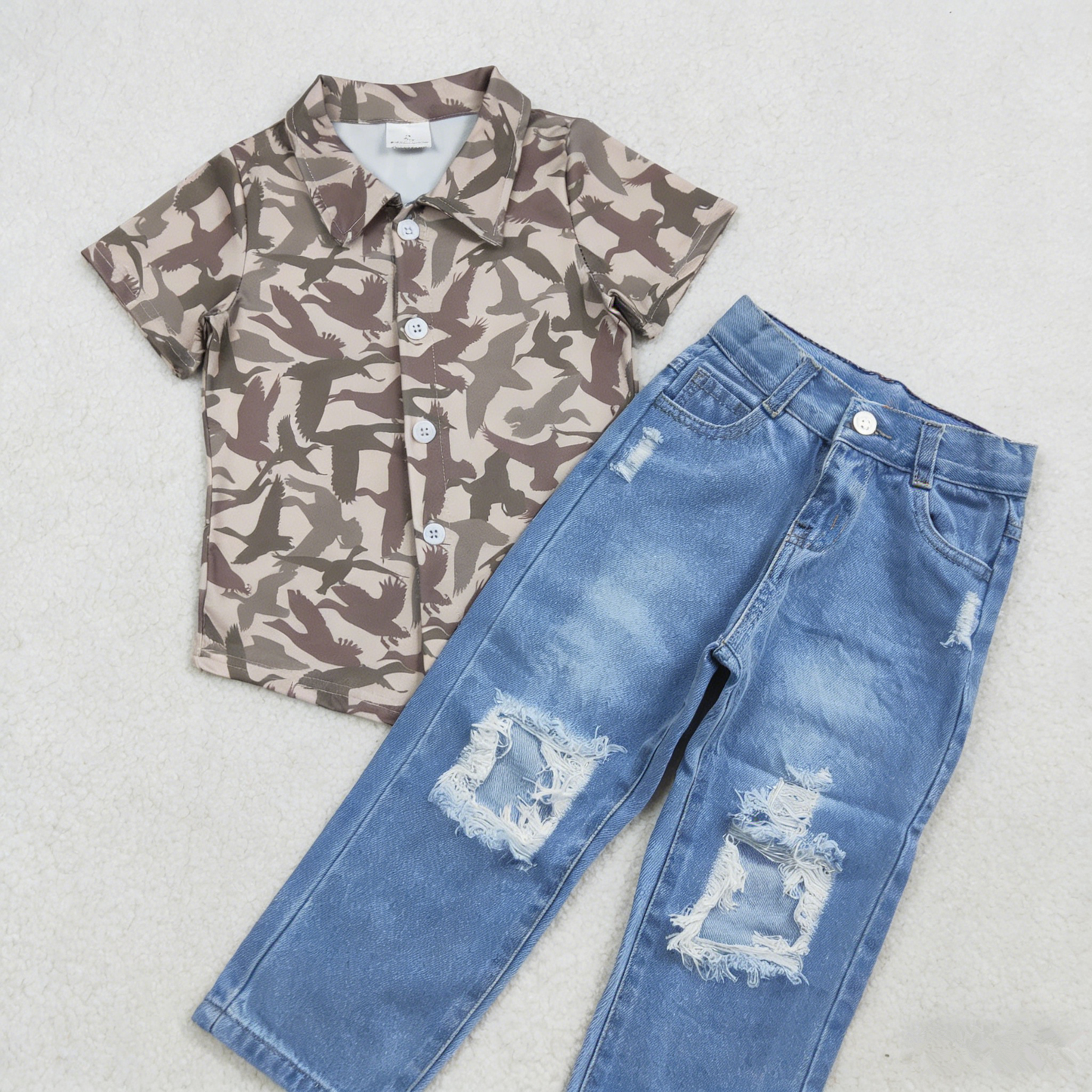 Baby Boys Kids Short Sleeves Ducks Buttons Shirt Blue Denim Jeans Pants Set RTS