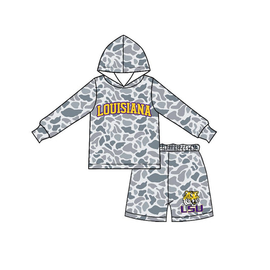 ( Moq 5 ) Preorder Baby Boy Kids Long Sleeves Grey Camo Hoodie Shirt Tiger Shorts Team Set