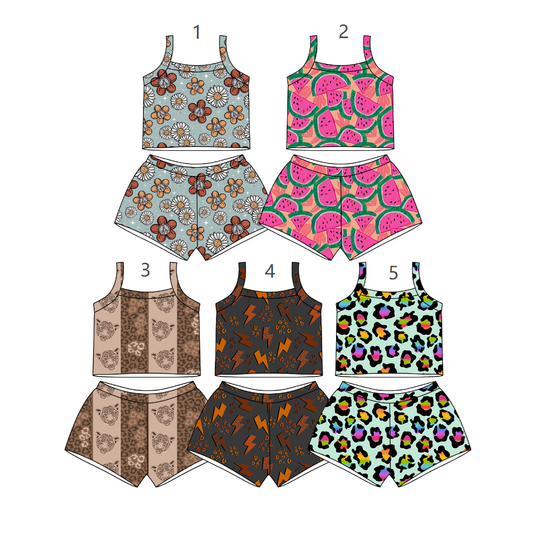 ( Moq 30 Each Style ) Sibling Baby Girls Kids Straps Flower Leopard Shirts Shorts Summer Sets