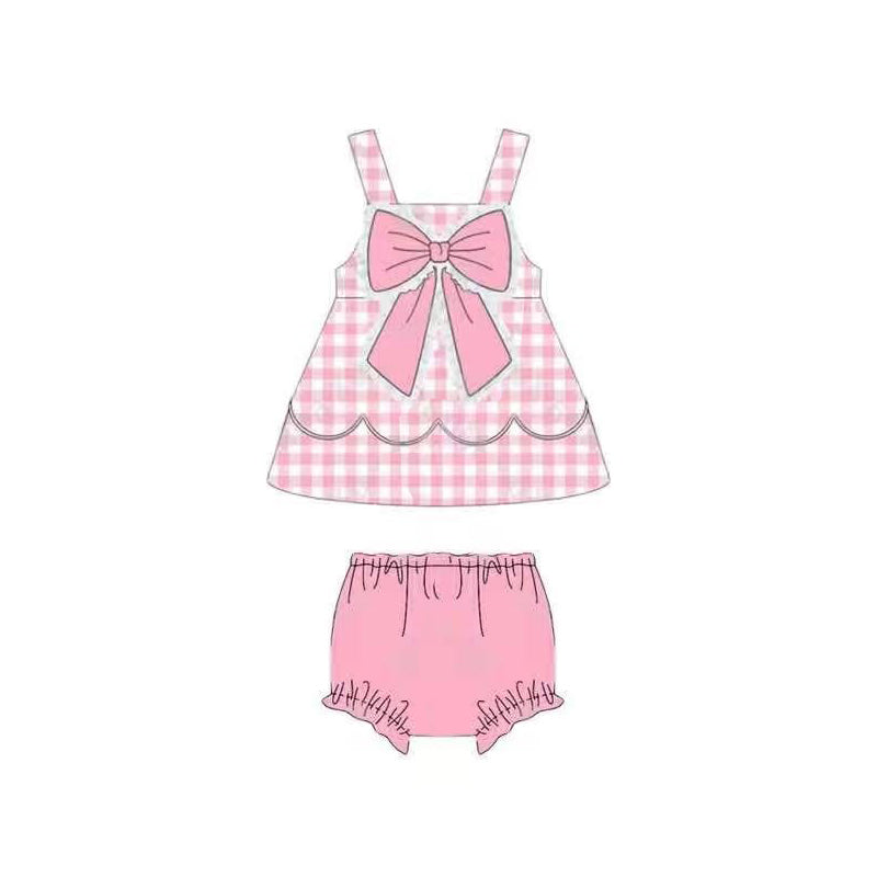( Moq 5 ) Preorder Baby Girls Kids Sleeveless Pink Plaid Bow Tops Bummie Set Summer Clothes
