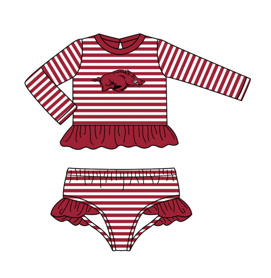 ( Moq 5 ) Baby Girls Kids Stripes Long Sleeves Pig Ruffle Tops Shorts Team Set Swimsuit
