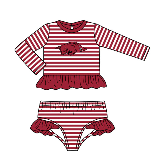 ( Moq 5 ) Baby Girls Kids Stripes Long Sleeves Pig Ruffle Tops Shorts Team Set Swimsuit