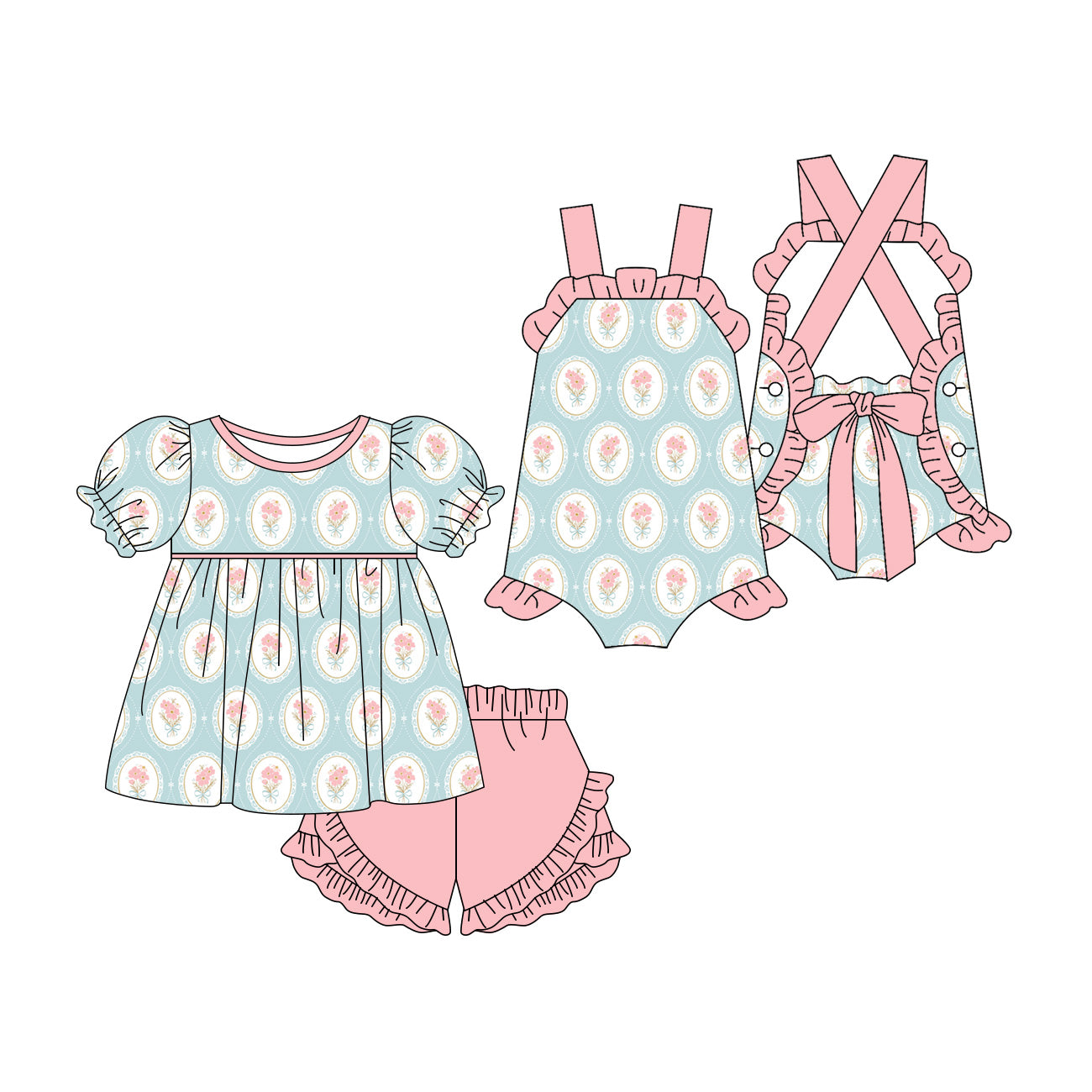 ( Moq 5 Each Style ) Sibling Baby Girls Kids Flower Tops Shorts Summer Set Romper