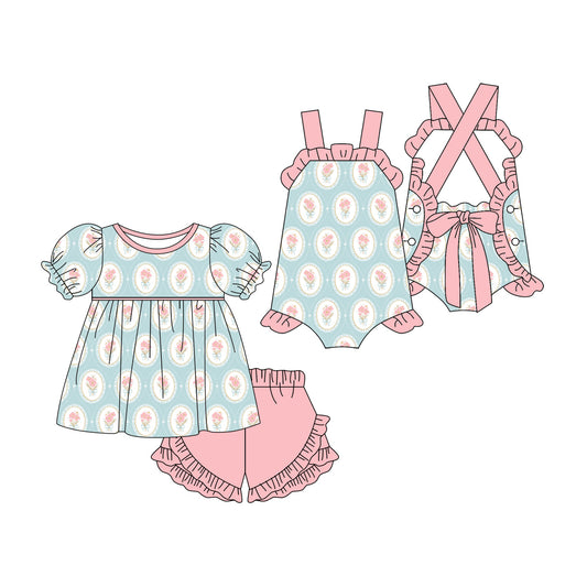 ( Moq 5 Each Style ) Sibling Baby Girls Kids Flower Tops Shorts Summer Set Romper