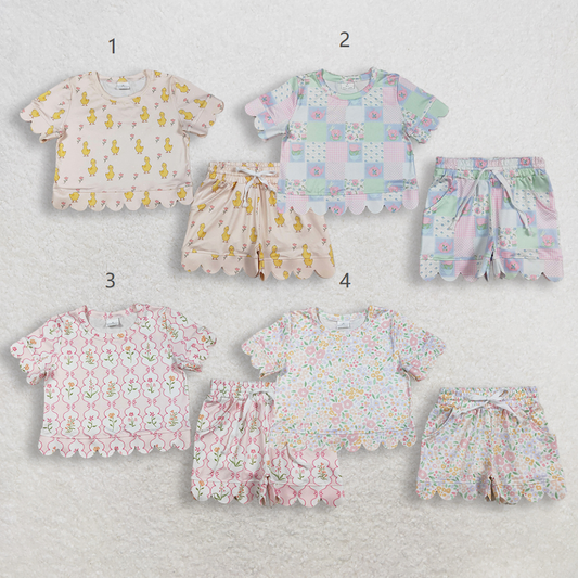Sibling Baby Girls Kids Short Sleeves Flower Scallop Shirts Shorts Summer Sets Clothes RTS