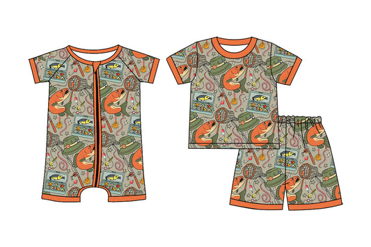 ( Moq 5 Each Style ) Sibling Baby Boys Kids Fishing Shirt Shorts Set Romper