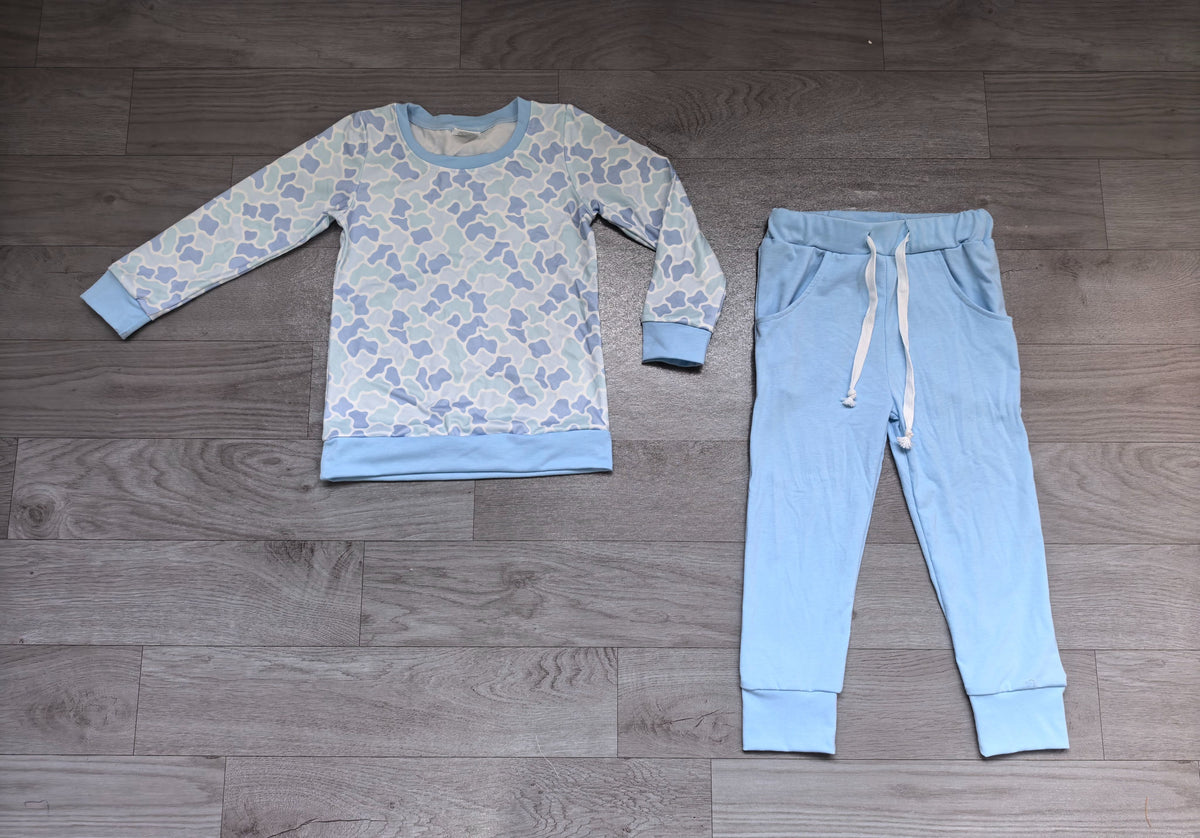 ( No moq ) Preorder Baby Boys Kids Long Sleeves Camo Shirt Blue Pockets Pants Set Clothes