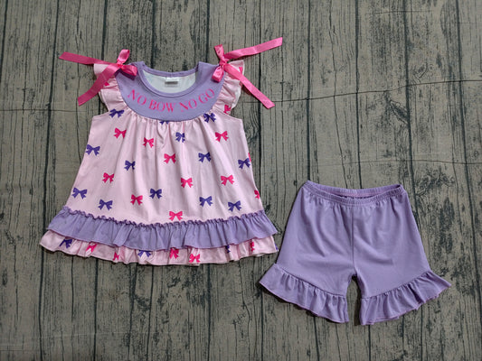 ( No moq ) Preorder Baby Girls Short Sleeves Embroidery Bows Ruffle Tops Shorts Set Clothes