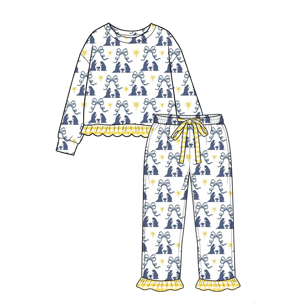 ( Moq 5 ) Preorder Baby Girls Kids Nativity Bows Shirt Pants Set Christmas Pajamas Clothes