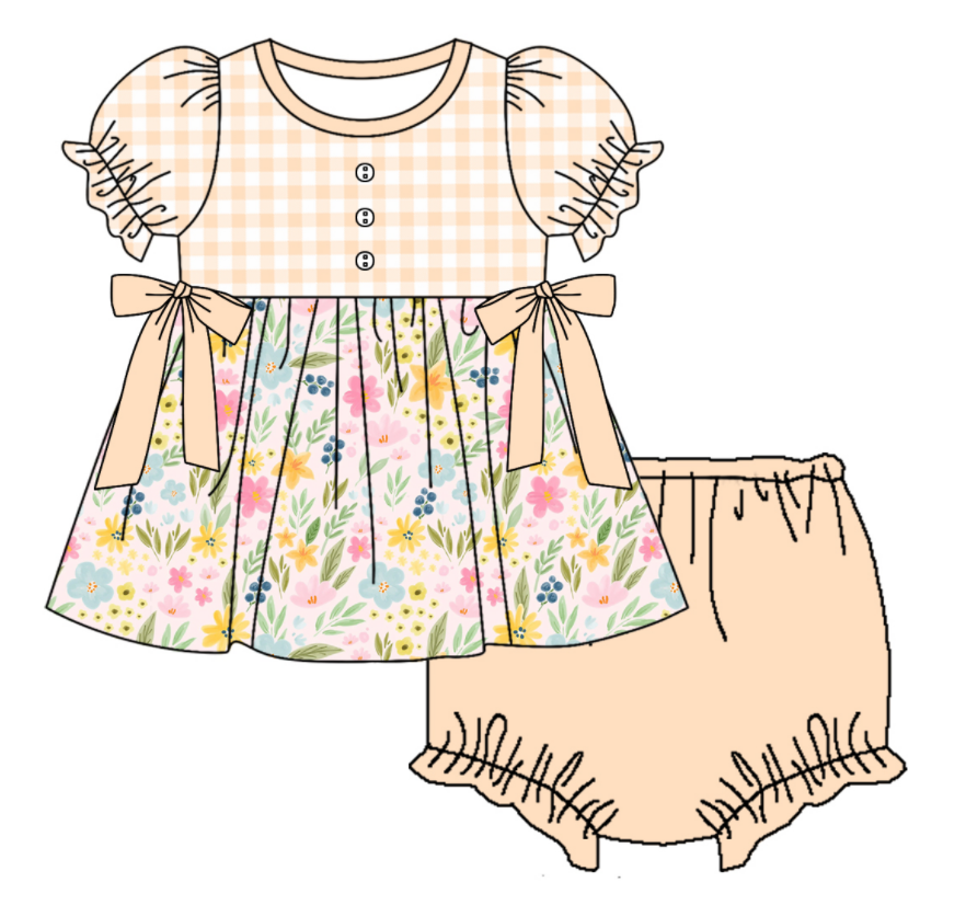 Baby Girl Short Sleeves Flower Plaid Sibling Romper Dress Clothes Set ( Moq 5 Each Design )11.21