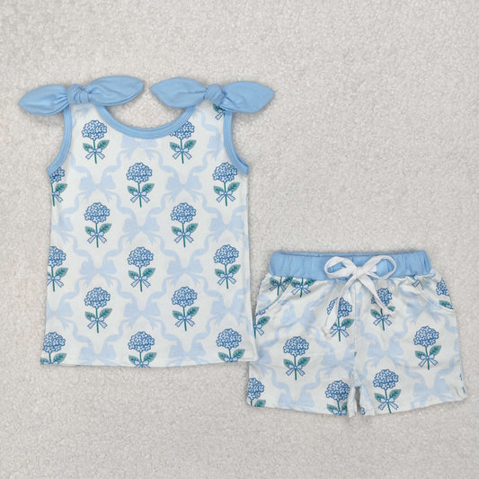 Baby Girl Straps Flower Blue Bows Tops Pockets Shorts Clothes Set RTS