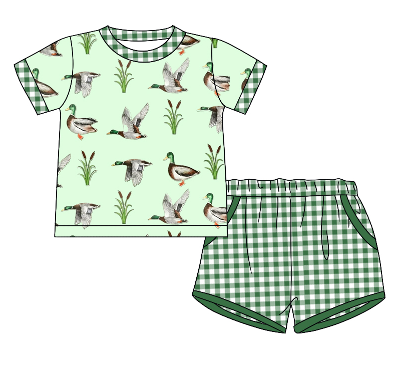 Baby Boy Girl Ducks Green Sibling Matching Green Dress Romper Clothes Set ( Moq 5 Each style )