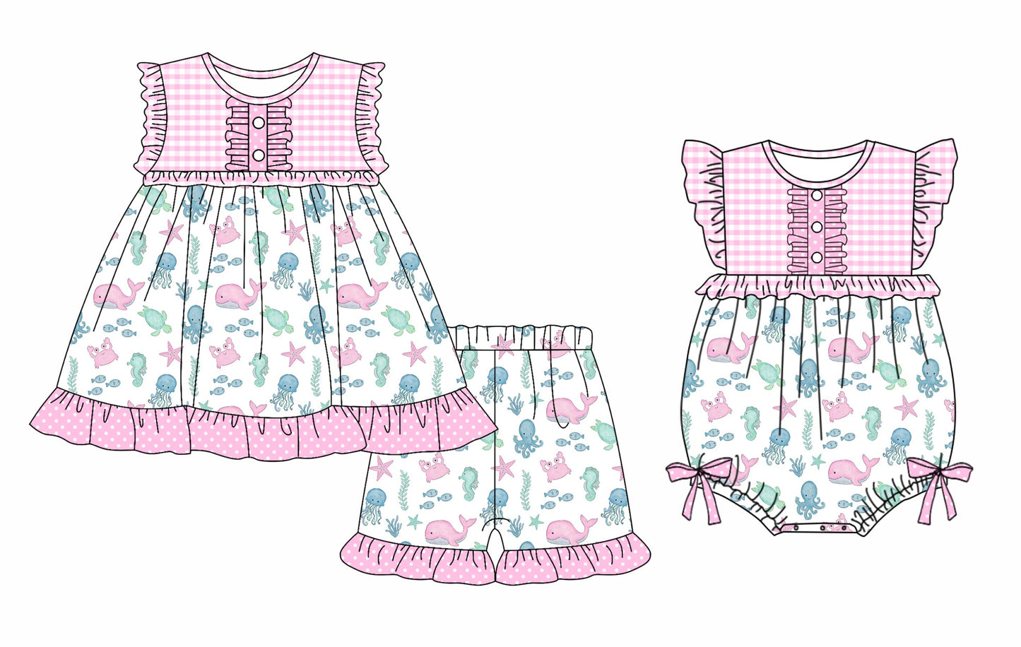 Baby Girl Short Sleeves Sea Animals Sibling Romper Set ( Moq 5 Each Style ) 3.29