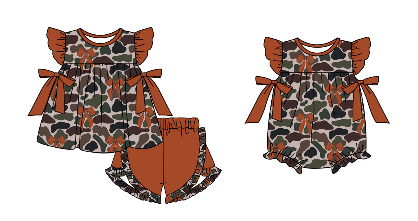 Baby Girl Short Sleeves Camo Bows Sibling Matching Romper Set ( Moq 5 Each Design )