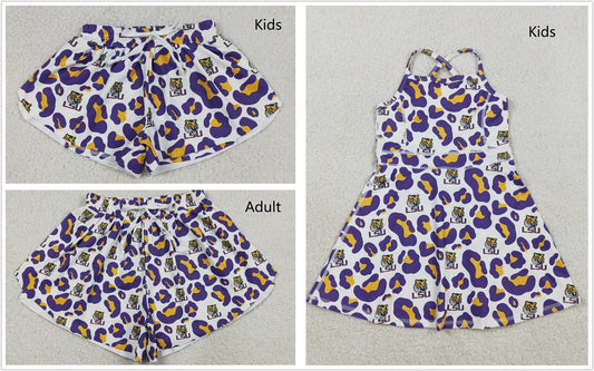 Sibling Baby Girls Adult Women Purple Leopard Tigers Team Yoga Active Shorts Dress RTS