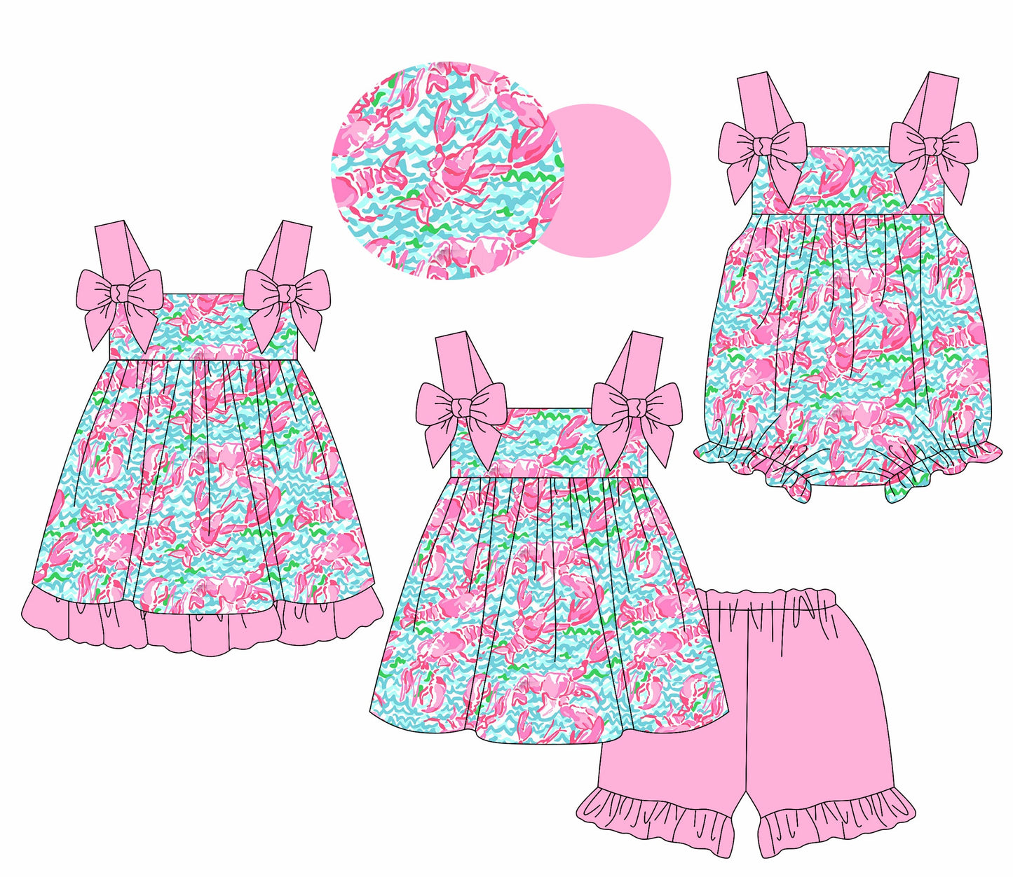 Baby Girl Straps Crawfish Bows Sibling Romper Dress Set ( Moq 5 Each Style ) 1.24