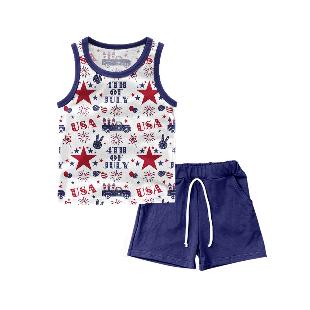 Baby Boy Toddler Sleeveless July 4th Shirt Blue Shorts Clothes Hunting Set Moq 5 (11.30)