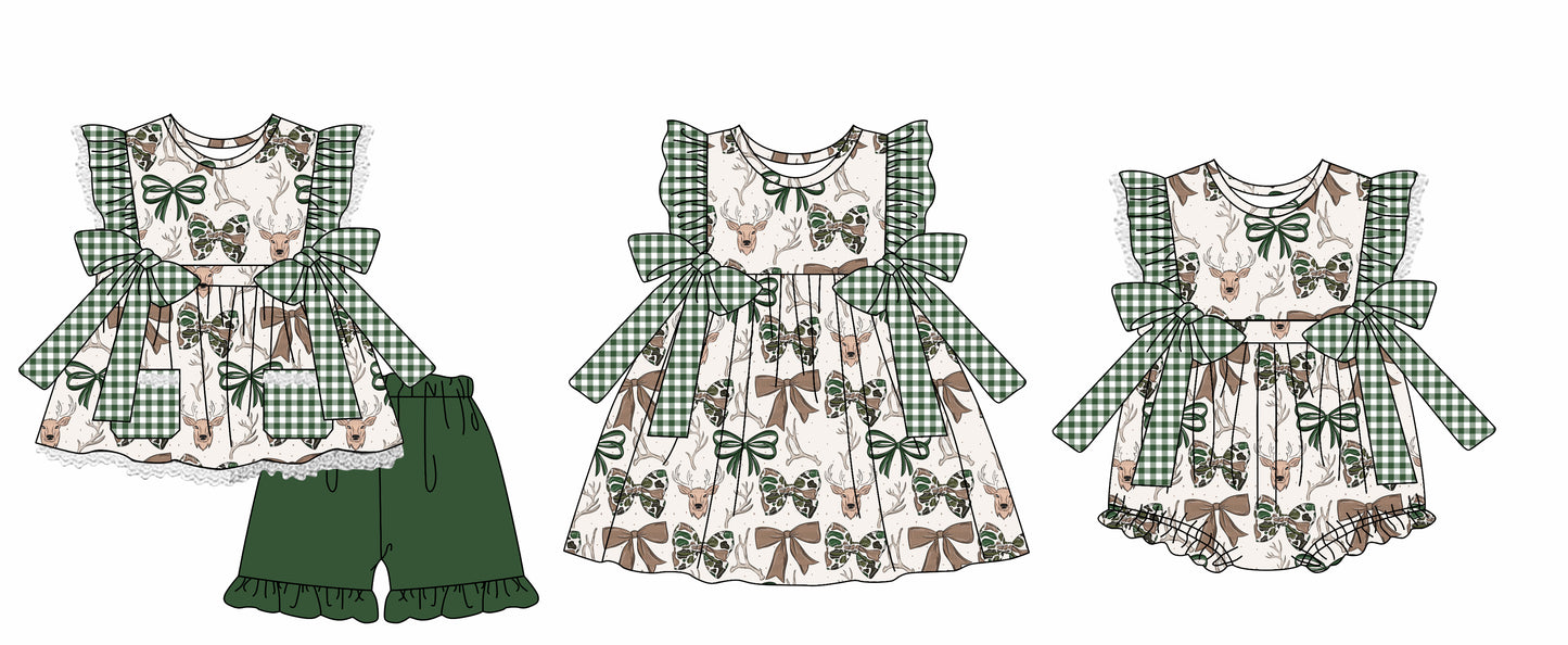 Baby Girl Short Sleeves Camo Bows Deer Romper Dress Clothes Set ( Moq 5 Each Design )12.2