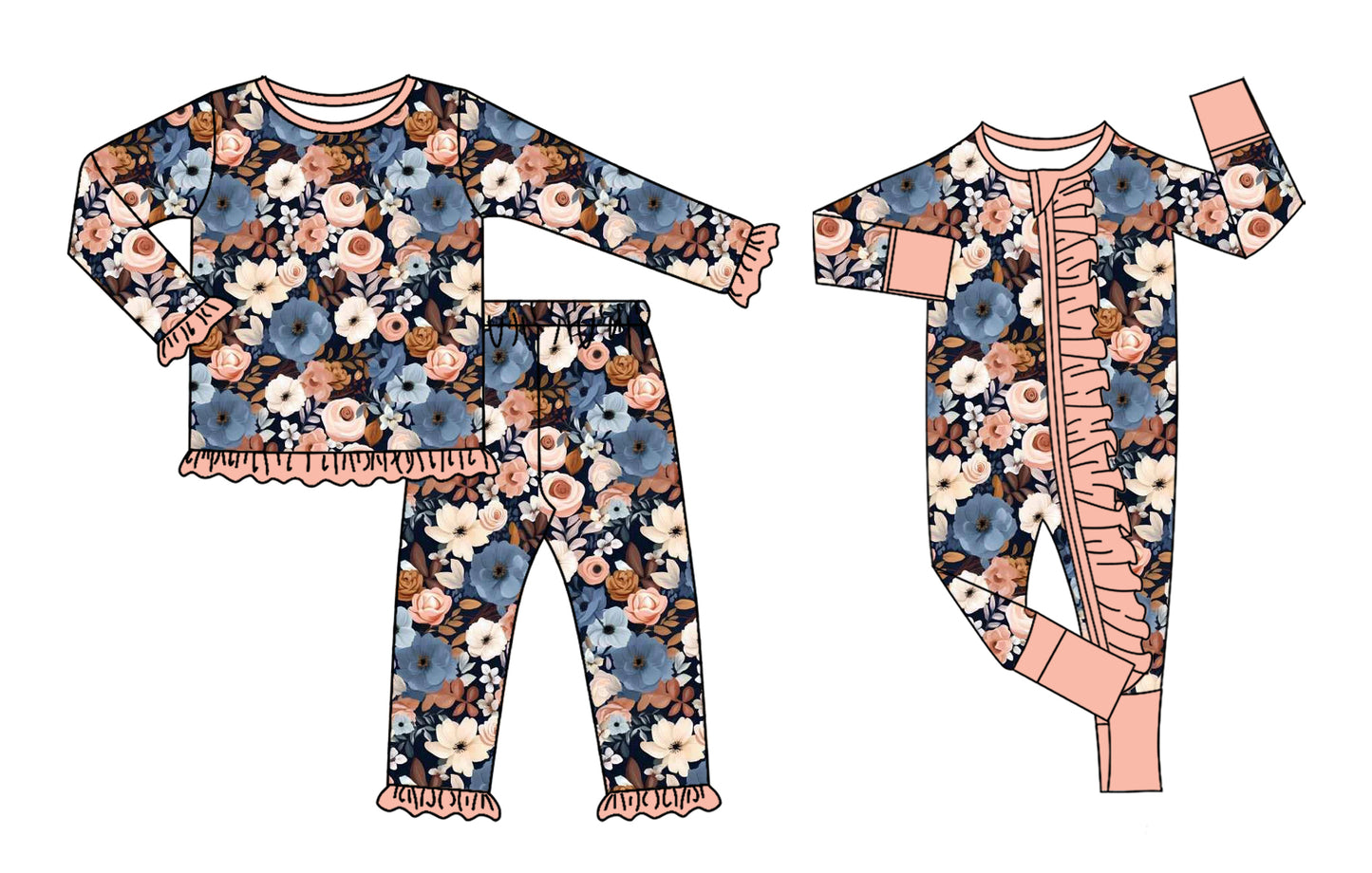 ( Moq 5 Each Style ) Sibling Baby Girl Kids Long Sleeves Flower Set Zipper Romper Pajamas Clothes
