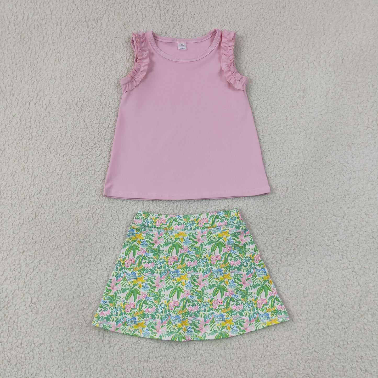 Baby Girls Kids Sleeveless Pink Tops Flower Yoga Skirt Shorts Set RTS