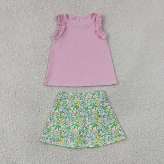 Baby Girls Kids Sleeveless Pink Tops Flower Yoga Skirt Shorts Set RTS