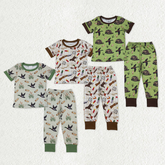 Sibling Baby Boys Short Sleeves Ducks Dogs Shirts Pants Hunting Pajamas Sets Clothes RTS
