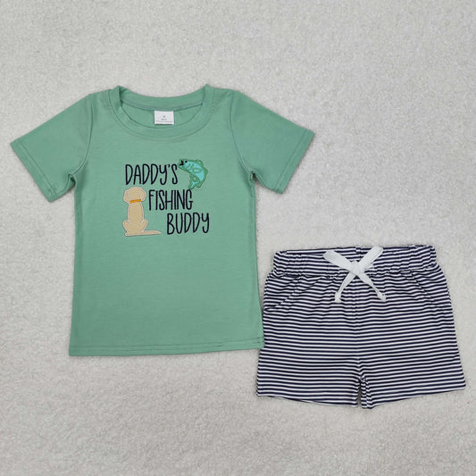 Baby Boy Short Sleeves Embroidery Daddy's Fishing Buddy Dog Green Shirt Pocket Shorts Clothes Set