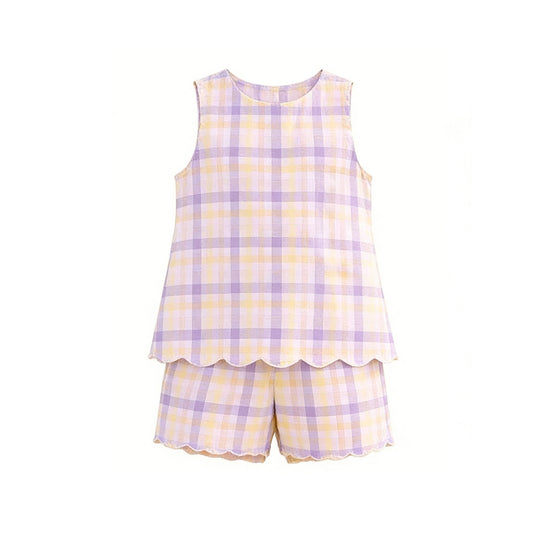 ( Moq 5 )  Preorder Baby Girl Sleeveless Plaid Tops Scallop Shorts Set Summer Clothes