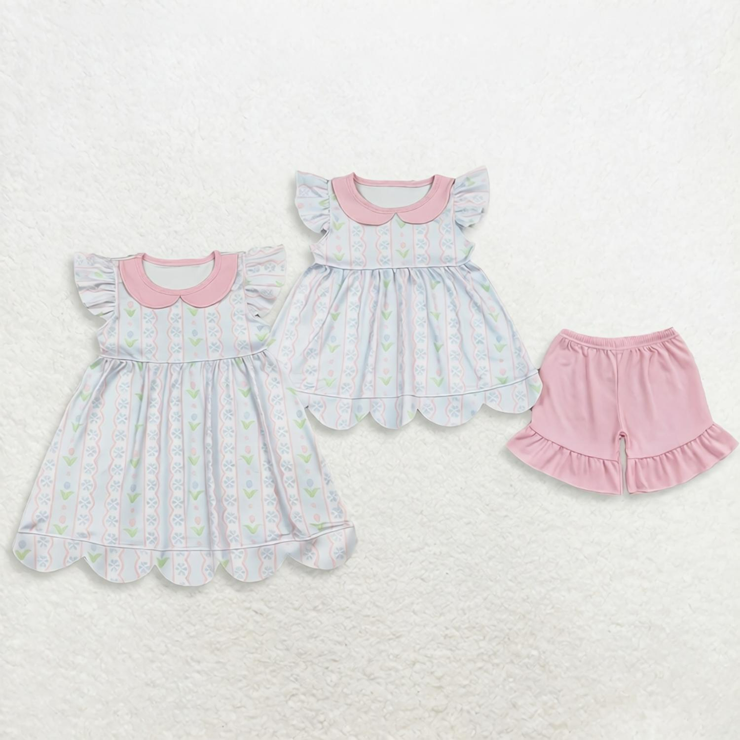 Sibling Baby Girls Kids Short Sleeves Flower Scallop Dress Set RTS