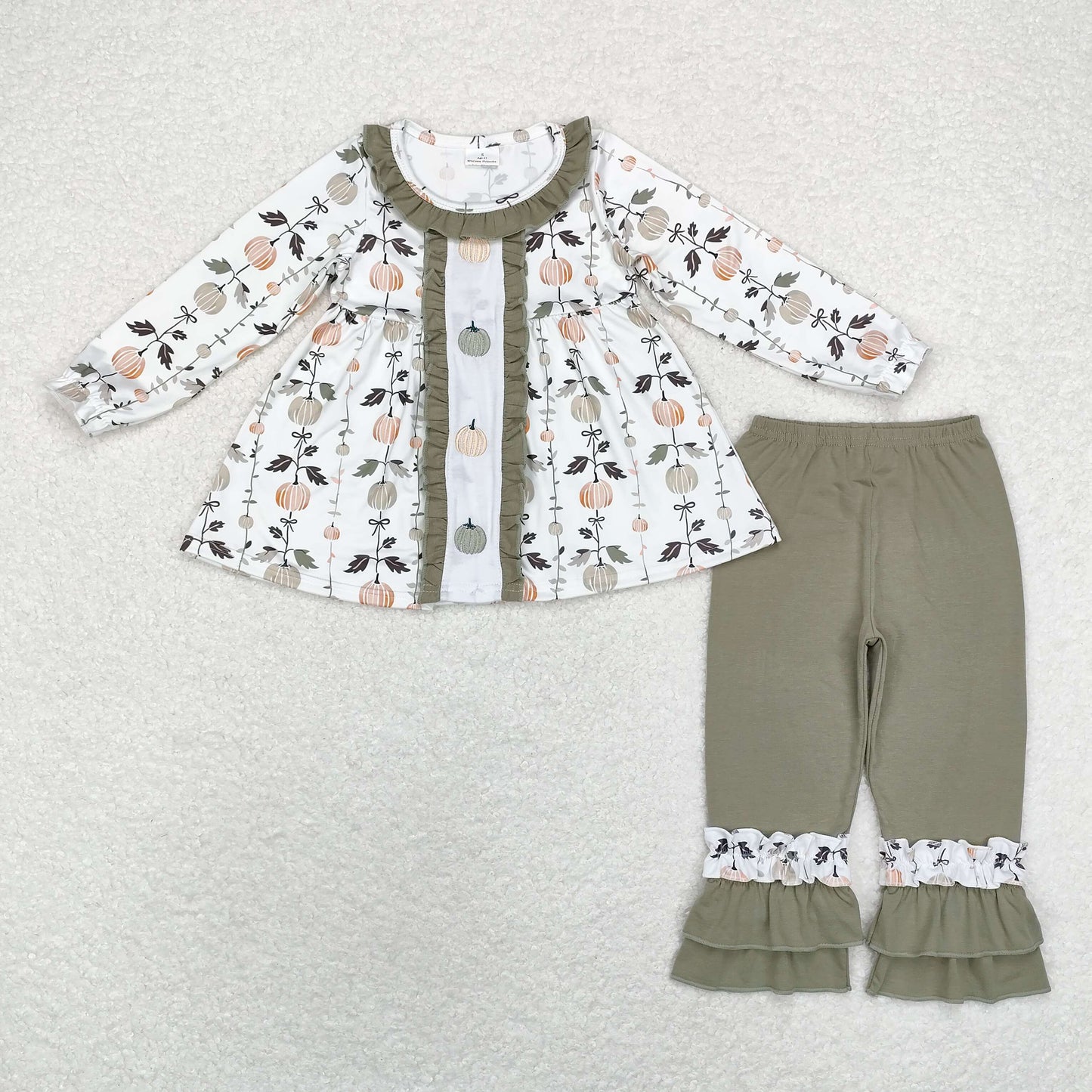 Baby Girl Kids Fall Green Embroidery Pumpkin Shirt Green Pants Outfit Set