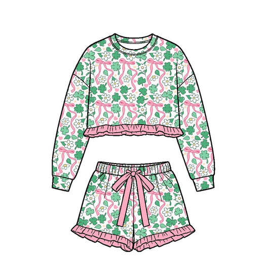 ( Moq 5 ) Preorder Baby Girls Kids Long Sleeves Clovers Flower Bows Shirt Shorts Set St Patrick Clothes