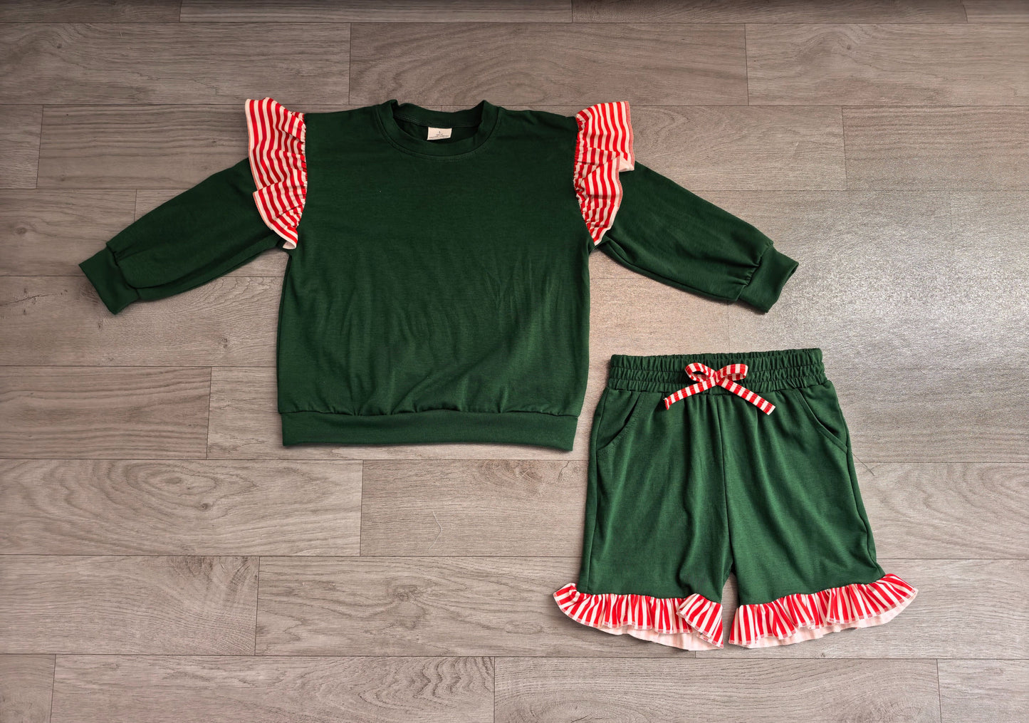 ( No moq ) Preorder Baby Girls Kids Green Long Sleeves Tops Pockets Shorts Cotton Set Clothes