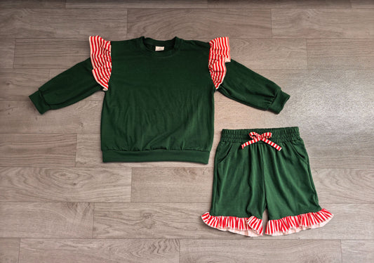 ( No moq ) Preorder Baby Girls Kids Green Long Sleeves Tops Pockets Shorts Cotton Set Clothes