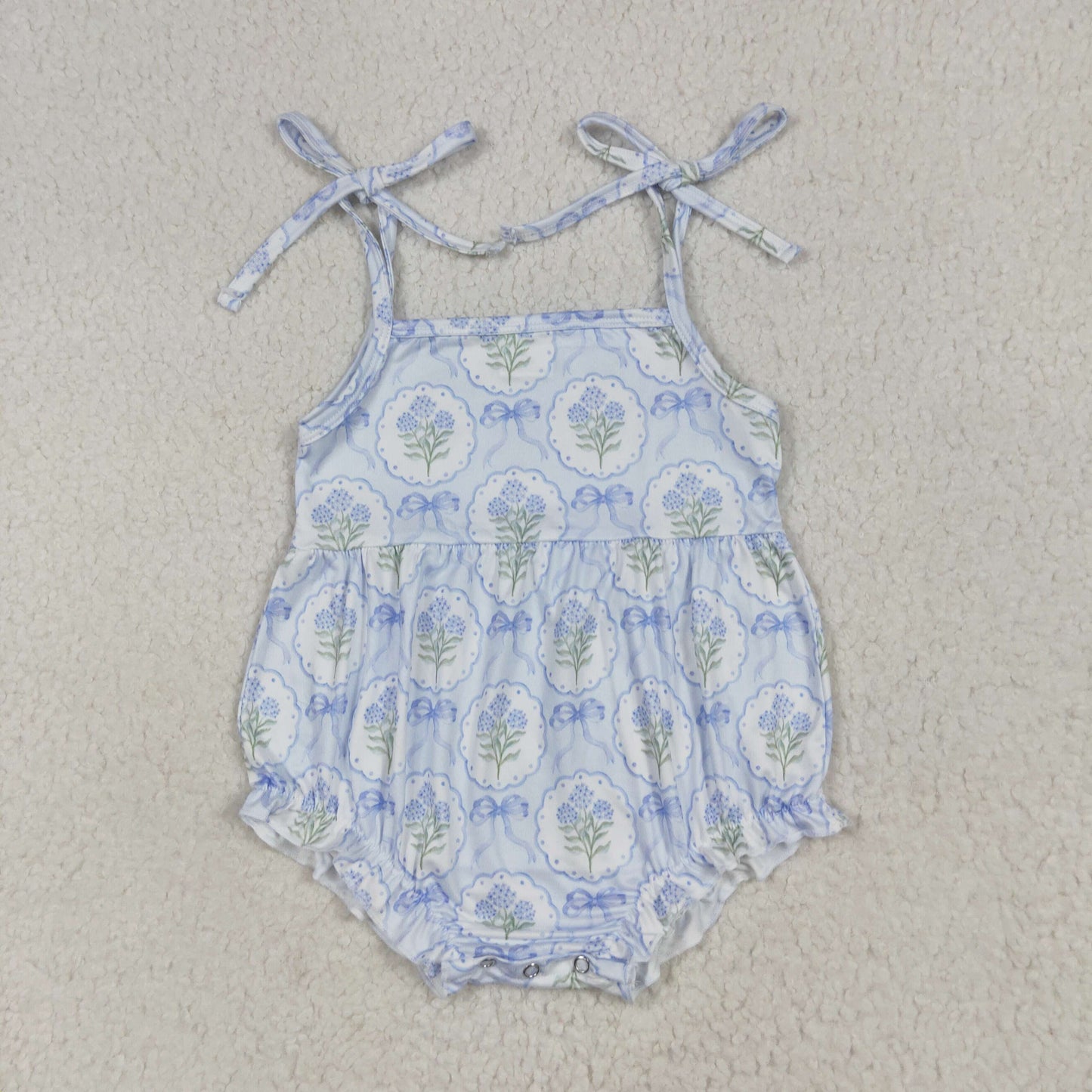 Baby Girl Blue Straps Bows Flower Ruffle Bubble Romper RTS