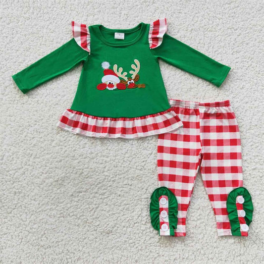 GLP0507 Baby Girl Long Sleeves Santa Reindeer Plaid Pants Embroidery Christmas Outfit