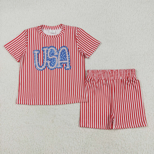 Baby Girl Short Sleeves Red Stripes Shirt Shorts 4th Of July Pajamas Set RTS