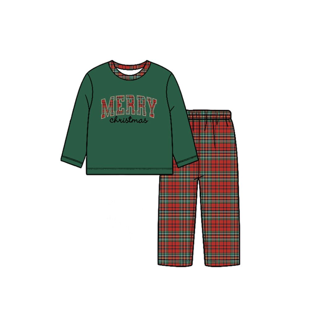 ( Moq 5 ) Preorder Baby Boy Kids Long Sleeves Merry Christmas Green Shirt Plaid Pants Set Clothes