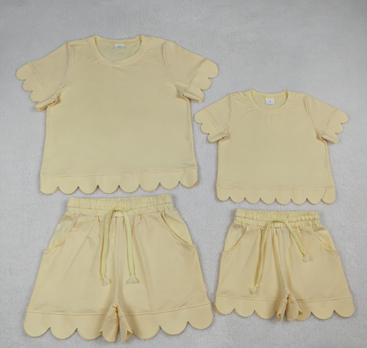 Sibling Baby Girls Adult Women Short Sleeves Yellow Cotton Shirts Shorts Scallop Sets Summer Clothes RTS