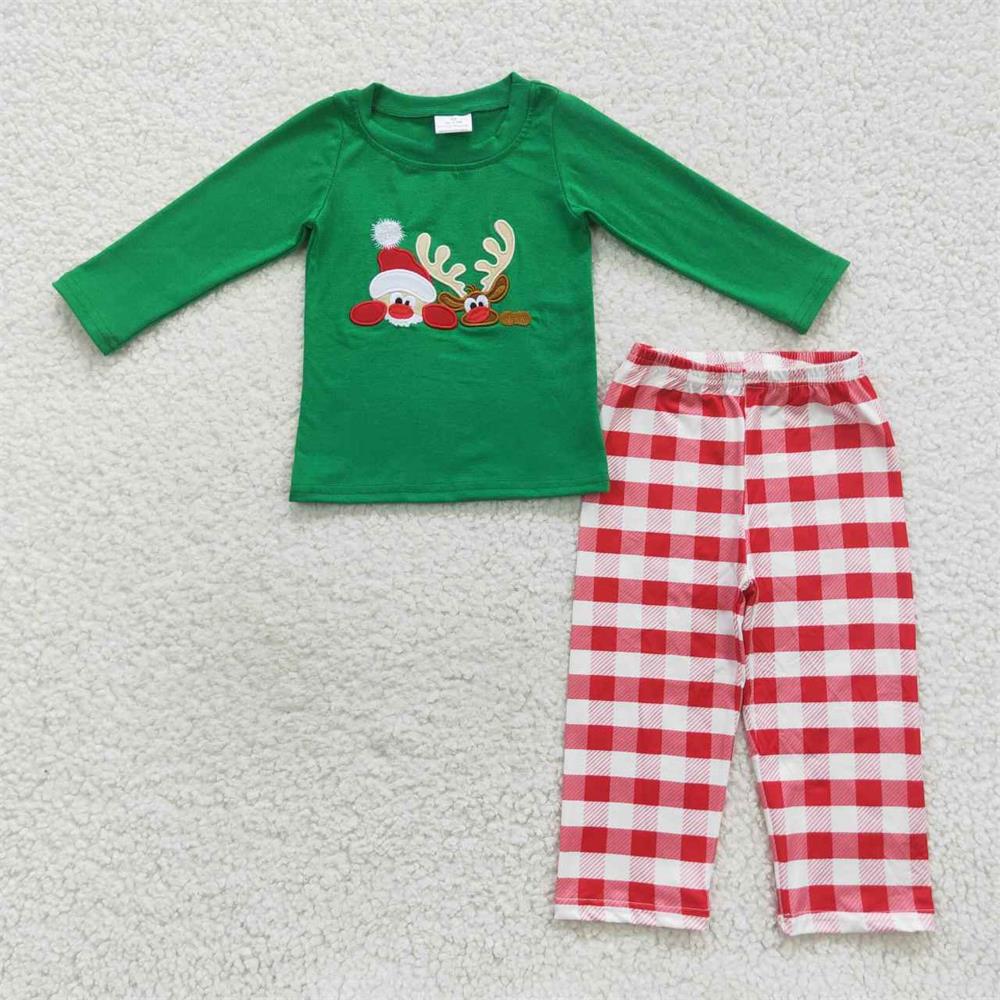 BLP0203 Baby Boy Long Sleeves Santa Reindeer Plaid Pants Christmas Embroidery Pajamas Outfit